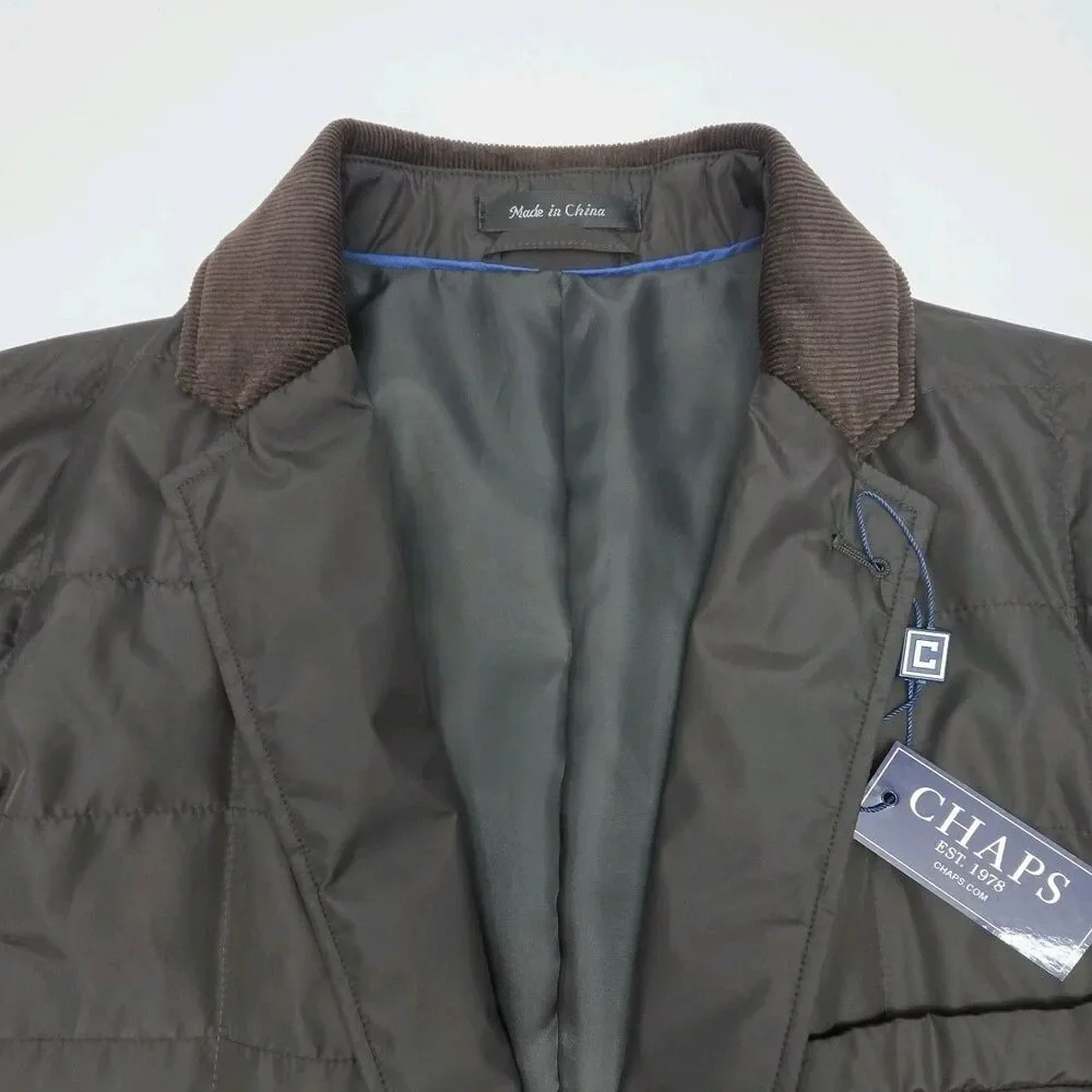 Chaps Coat Jacket Men Sz 44R Quilted Black Brown Coat Corduroy Collar NEW